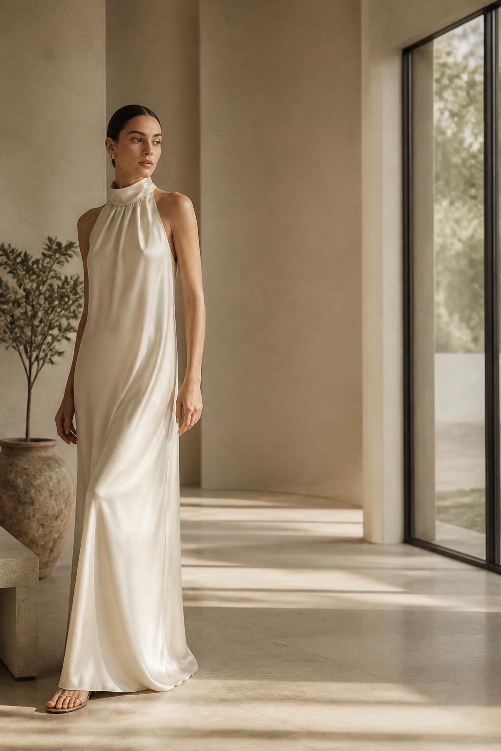 Modelo con vestido de seda en boutique luminosa